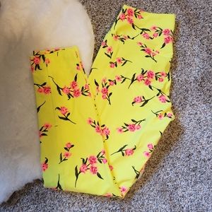 PINK Neon Yellow Cherry Blossom Leggings Small